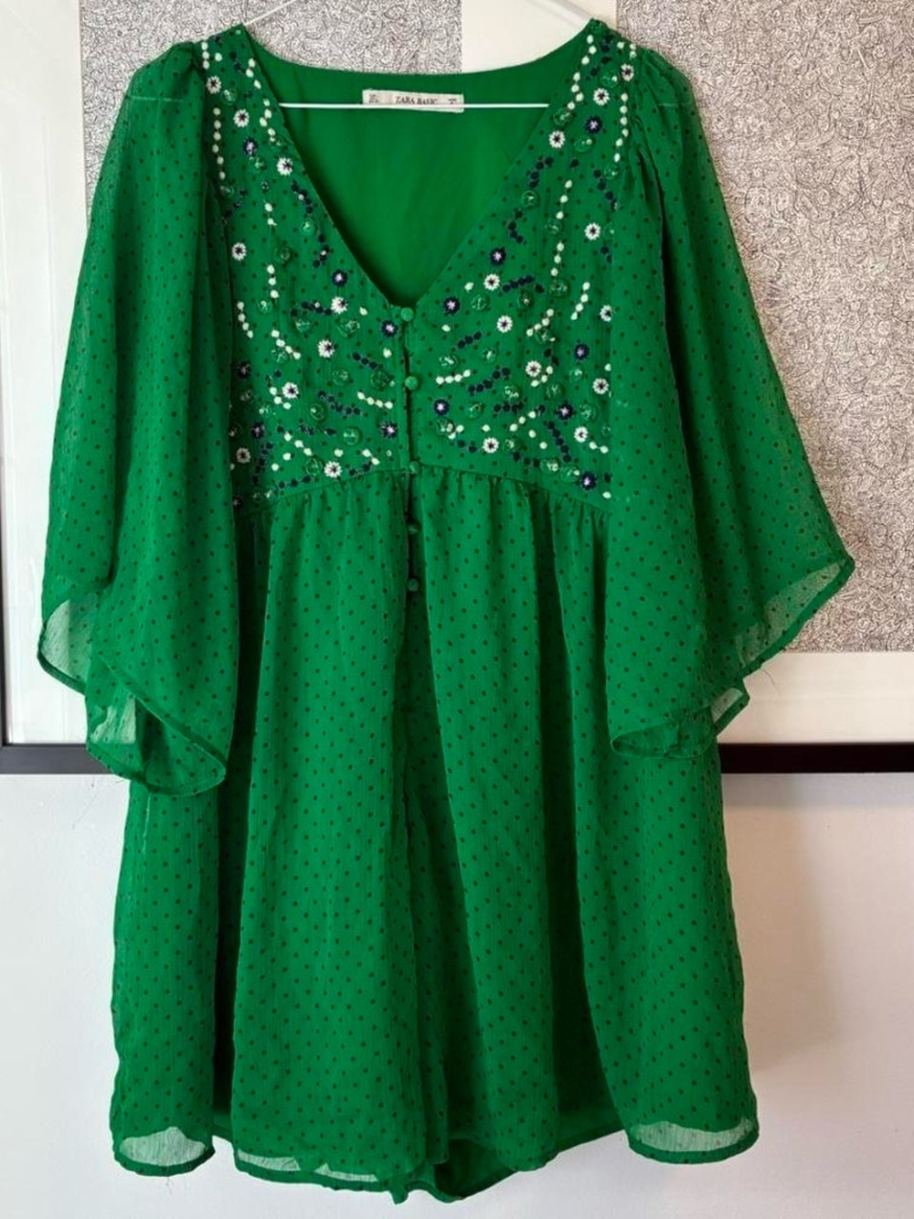 Green Embellished V-Neck Babydoll Dress